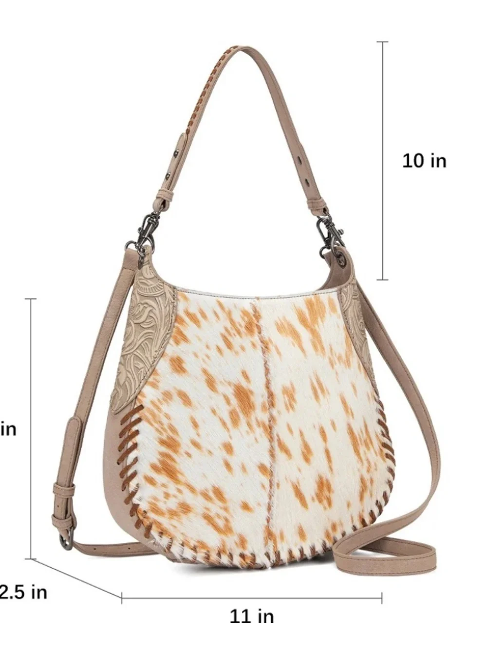 Trinity Ranch Cowhide ＆ Tooled Leather Hobo Crossbody Bag Tan
